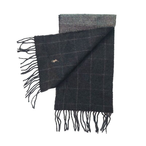 POLO Ralph Lauren Black Window Pane Gray Tweed Reversible Scarf Embroidered Logo - Picture 5 of 6